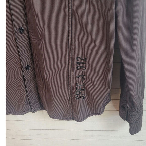 Affliction POWER TRAIN Button Down Shirt in Brown Pinstripe, sz Large - Picture 8 of 16